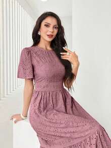 Vestido midi de mujer con cuello redondo, mangas con volantes, bordado y dobladillo con volantes - Rosa vieja - Ver 5