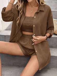 Conjunto de dos piezas de mujer en tela tejida color caqui: Top corto casual con cuello y pantalones cortos con mangas a la muñeca y detalles de bolsillo, para vacaciones - Marrón - Ver 8