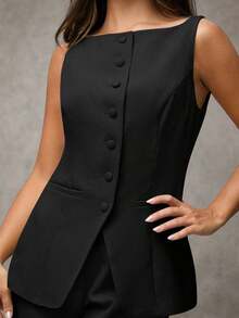 Traje de pantalón sin mangas negro para mujer con detalles de botones dorados con rosas, casual de negocios para otoño/invierno - Negro - Ver 2