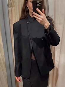 TF.MLN Chaqueta blazer de mujer de unicolor de manga larga y abotonadura sencilla, abrigo de cuello alto de moda vintage profesional para mujer, para otoño y primavera - Negro - Ver 5
