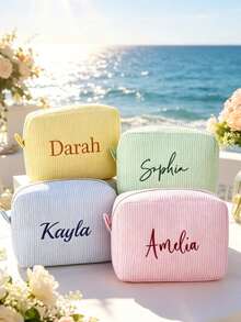 Customized Embroidered Name Makeup Bag, Handmade Monogram Cosmetic Bag, Travel Organizer Pouch, Macaron Makeup Bag, Bridesmaid Gift, Minimalist Solid Color Makeup Bag, Mother's Day Gift, Teacher's Day Gift, Birthday Gift, Holiday Gift, Single Party Gift, Embroidered Makeup Bag, Monogram Makeup Bag, Bridesmaid Makeup Bag, Travel Makeup Bag - Multicolor - View 4