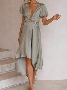 Vestido Mujer Elegante Moda Verano Cuello V Manga Corta Diseño Irregular Estilo Sensual - Verde - Ver 2