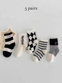 5 Pares Calcetines De Niños, Primavera, Otoño E Invierno, Calcetines Lindos De Media Pantorrilla Con Patrones De Diamantes Y Perros, Adecuados Para Niños, Niñas, Bebés, Calcetines Finos Transpirables Y Livianos - Blanco y Negro - Ver 7
