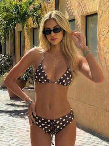 Nuevo conjunto de bikini con estampado de lunares sexy, espalda descubierta y lazo, con tirantes de espagueti para playa y piscina en vacaciones - Marrón - Ver 9