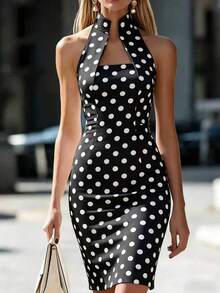 Women's Elegant Polka Dot Zipper Shoulder Dress, Suitable For Party And Dating In Summer Vacation - Black - View 1