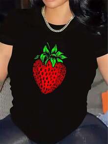 Camiseta con Estampado de Fresas Negras - Manga Corta, Cuello Redondo, Estilo Casual, Tela de Poliéster Suave y Resistente, Estampado de Fresas y -Todos- los Colores (No Rojo) - Para Ropa Casual, Cocina, Sala de Estar, Atuendos para Todo el Añoblusas>bonito - Negro - Ver 1
