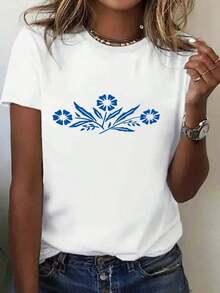 100% Cotton T-Shirt With Letter Print, Round Neck, Short Sleeve, Casual Style, For Spring And Summer, Fashionable Casual Clothing For Women, 100% Cotton T-Shirts. - 白色 - 查看 6