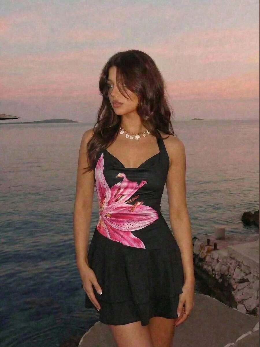 Vestido Rojo De Punto Sin Mangas Con Cuello Halter Y Doble Capa, Ajustado Para Mujer - Negro - Ver 1