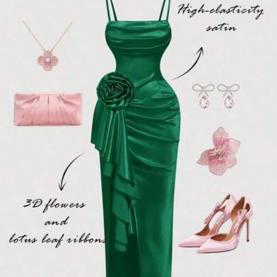 MOD Dreamy 3D Floral High-Slit Satin Dress With Draped Neckline And Ruffle Details – Perfect For Vacation, Romantic Occasions, Beachwear, Date, Picnic, Party, Prom, Festival, And Birthday; Romantic Vintage Court Style,Summer Dresses For Women - Verde - Ver 1
