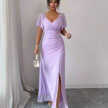 Elenzya Women's Light Purple V-Neck Ruffle Sleeve Pleated Waist Split Dress, Elegant Bridesmaid Dress, Party Gown, Spring/Summer - Azul Marino - Ver 4