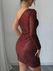 Vestido ceñido y con lentejuelas brillantes sin tirantes y sin mangas de moda y sexy para mujer, ideal para fiestas de Año Nuevo - Burdeos - Ver 2