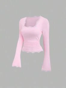 Conjunto de camiseta casual con cuello de encaje y mangas acampanadas estilo vintage francés para mujer, otoño - Multicolor - Ver 5