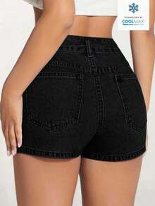 PETITE Falda-pantalón asimétrica casual de mezclilla con bolsillos para mujer - Negro 2 - Ver 2