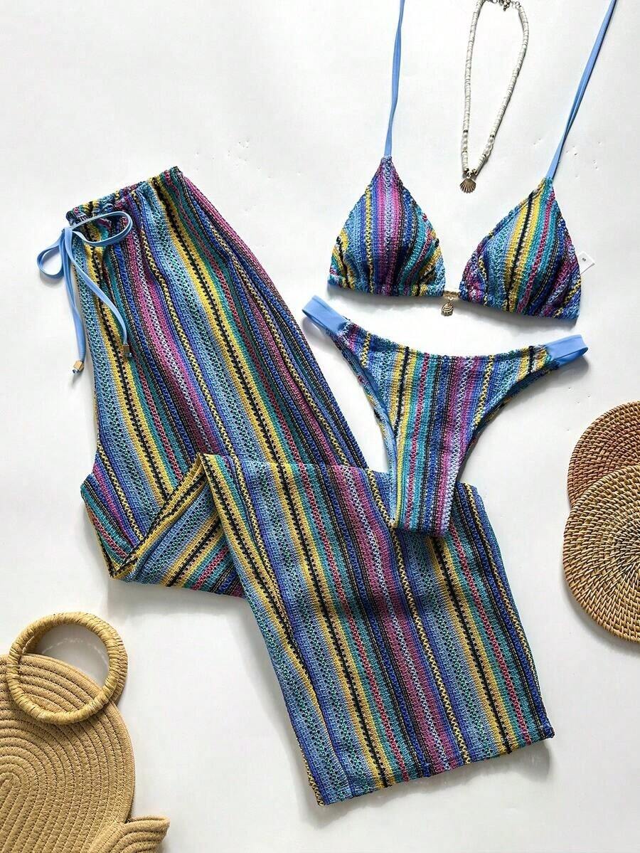 Swim Chiccia Conjunto de bikini a rayas sexy para mujer con pantalones, nueva llegada de trajes de baño para mujer 2026, adecuado para la escuela, vacaciones, citas, té de la tarde, estilo occidental, cruceros, playa, isla, viajes por carretera, todas las estaciones, festivales de música, vacaciones bohemias, vacaciones bohemias, otoño relajado, estilo occidental bohemio, blusas elegantes para mujer - Multicolor 3 - Ver 1