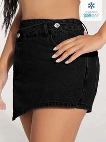 PETITE Falda-pantalón asimétrica casual de mezclilla con bolsillos para mujer - Negro 2 - Ver 4