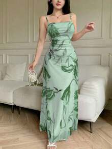 Vestido de verano casual de tirantes con cuello drapeado, cintura fruncida y estampado de malla para mujer - Verde - Ver 6