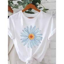 Camiseta de algodón de manga corta para mujer con estampado de flores de margarita azul, cuello redondo, estilo casual de verano, suave, transpirable, ligera, para uso diario, vacaciones, playa y ropa urbana. - Blanco - Ver 5