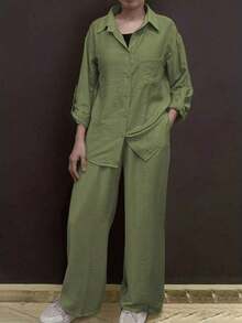 Cardigan casual con cuello polo ligero, blusa elegante de unicolor versátil adecuada para la playa, el diario, el trabajo, las compras, de tela suave, pantalones sueltos con cintura elástica, conjunto de 2 piezas, primavera/verano/otoño - Verde - Ver 2