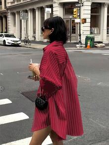 Cárdigan holgado vintage con bolsillo, blusa/top casual elegante con botones y manga larga a rayas verde, para mujer, atuendo primaveral/veraniego, para días festivos/Día de San Valentín - Rojo - Ver 2