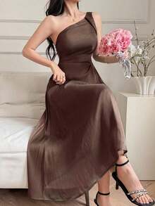 Vestido de mujer elegante de unicolor con hombro asimétrico, plisado y sin mangas de largo medio, vestidos de verano para mujeres - Marrón - Ver 3
