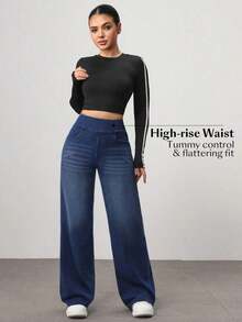 Jeans rectos de cintura alta lavados de estilo casual para mujer - Azul - Ver 8