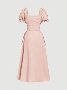 Vestido amarillo de longitud media con mangas de pétalos y cintura con lazo - Rosa Pálido - Ver 5