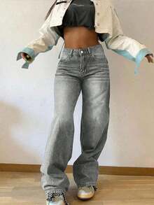 Jeans rectos holgados y apilados de estilo vintage para mujer, casuales para primavera - Gris Claro 2 - Ver 1