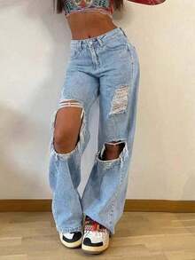 Jeans rectos holgados y apilados de estilo vintage para mujer, casuales para primavera - Azul lavado medio 2 - Ver 1