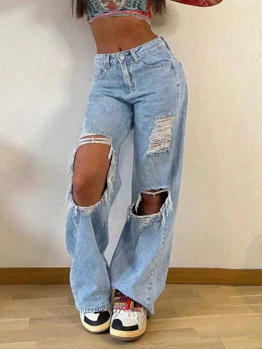 Jeans rectos holgados y apilados de estilo vintage para mujer, casuales para primavera - Azul lavado medio 2 - Ver 1