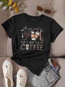 Camiseta Casual para Mujer con Estampado de Amante del Café, Manga Corta, Cuello Redondo, Poliéster con Detalles de Estampado de Leopardo, Top de Longitud Regular para Estilo Diario 6U8S - Negro - Ver 9