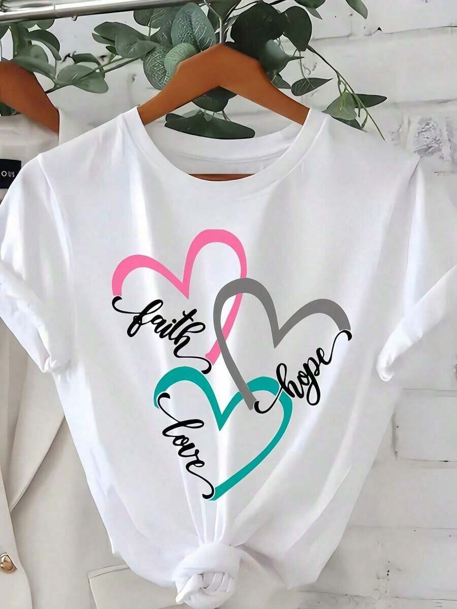 1 Women's White T-Shirt With Heart Print, Round Neck, Casual Cotton Knit Fabric, Medium Elasticity, Regular Fit, Suitable For Women To Wear In Spring/Summer/Autumn. - 白色 - 查看 1