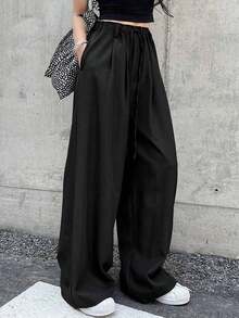Pantalones largos casuales de mujer de unicolor con cordón en la cintura - Negro - Ver 6