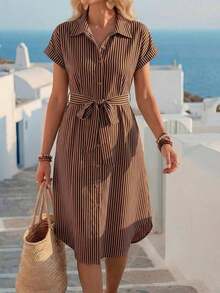 Vestido midi casual de mujer con botones frontales a rayas, vestido de verano con cintura anudada, vestido de trabajo de verano, vestido preppy, vestido con botones para mujer, vestido a rayas azul, vestidos de verano para mujer, conjuntos de v - Amarillo 2 - Ver 5