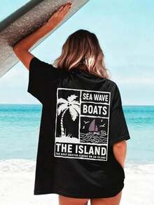 Women's Casual Short-Sleeved T-Shirt With A Round Neck, Palm Tree And Letter Print, Ideal For Summer. Versatile And Fashionable For Everyday And Vacation Style. Graphic Blouses For Women In White, Black, And Pink. - 黑色 - 查看 5