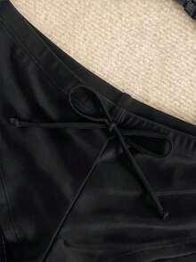 Nuevo conjunto de bikini con estampado de lunares sexy, espalda descubierta y lazo, con tirantes de espagueti para playa y piscina en vacaciones - Color negro sólido - Ver 7