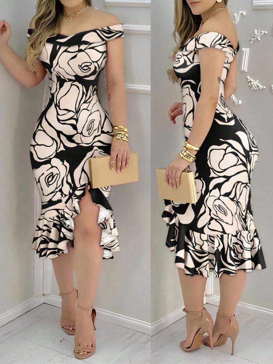 Vestido de mujer con estampado floral, hombros abiertos, volantes en el bajo y abertura, vestido elegante y entallado de longitud media, adecuado para fiestas, cócteles y uso de verano - Negro - Ver 1