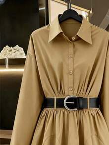 Vestido de unicolor marrón con cintura ceñida/Falda estilo camisa vintage de ajuste ceñido, elegante y de moda para ir al trabajo, primavera y otoño - Caqui - Ver 3
