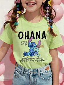 Disney Stitch And Lilo Printed Pattern T-Shirts For Girls - Children's Clothing Design Short-Sleeved Casual And Cute Style Comfortable And Casual Wear All Year Round Suitable For Parties And Play Machine Washable Gift Children's Clothing Girls' Short-Sleeved Shirts - Matcha Green - View 1