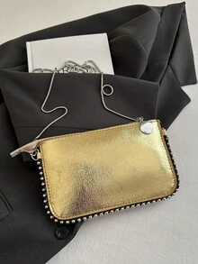 Women's Beaded Chain Strap Crossbody Bag, Retro Colorful Laser Holographic Metallic Envelope Clutch Purse - Rose Gold - View 7