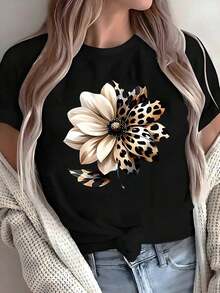 100% Cotton Black Fitted T-Shirt With Floral Graphic Leopard/Animal Print, Floral Aesthetic T-Shirt With Cheetah Design,  Casual Urban Style Blouse - 黑色 - 查看 6