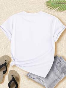 Camiseta manga corta cuello redondo 100% algodón, estampado trendy, tejido ligero y ventilado, estilo moda casual, apta para vida diaria, salidas informales y citas en primavera, verano y otoño - Negro - Ver 8