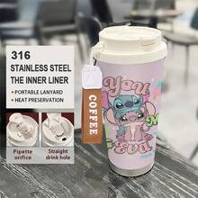 Cốc cà phê giữ nhiệt bằng thép không gỉ MINISO X Disney Stitch & Angel có dây đeo cổ tay, chất liệu thép không gỉ, cốc cà phê có nắp, thiết kế hai ngăn uống, bền chắc. - Nhiều màu - Xem 3