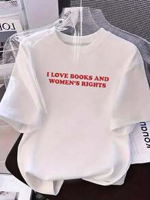 Camiseta de manga corta para mujer con texto "I LOVE BOOKS AND WOMEN'S RIGHTS" en rojo, cuello redondo, tejido de poliéster, ideal para uso diario, estudio y salidas casuales, estilo casual, temporada primavera-verano, Envío nacional a México. - Blanco - Ver 2