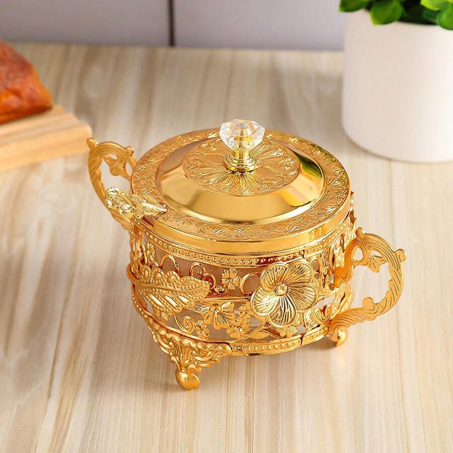 1pc Creative Flower Shaped Sugar Jar, European Style Metal & Glass Condiment Container For Home Use, Suitable For Living Room, Dining Room, Kitchen Storage - Gold - View 1