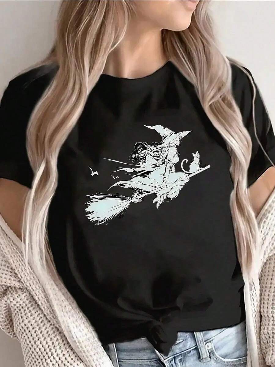 1 pieza clásica y versátil, camiseta de manga corta de algodón puro con estampado de murciélago y gorro de bruja, ideal para usar en cualquier estación. Estilo moderno - Negro - Ver 1