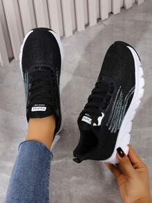 Women's Lightweight Fabric Striped Ruffle Decor Front Tie Non-Slip Elastic Sole Outdoor Sports Sneakers - Black - View 1