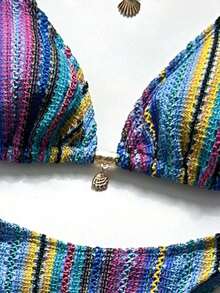 Swim Chiccia Conjunto de bikini a rayas sexy para mujer con pantalones, nueva llegada de trajes de baño para mujer 2026, adecuado para la escuela, vacaciones, citas, té de la tarde, estilo occidental, cruceros, playa, isla, viajes por carretera, todas las estaciones, festivales de música, vacaciones bohemias, vacaciones bohemias, otoño relajado, estilo occidental bohemio, blusas elegantes para mujer - Multicolor 3 - Ver 4