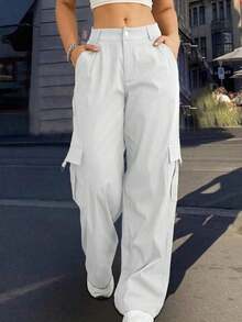 Pantalones cargo casuales negros de primavera con bolsillo con solapa lateral - Blanco - Ver 6