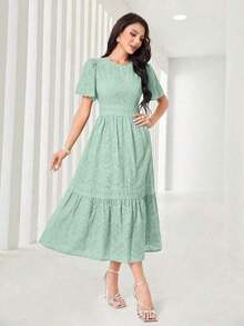 Vestido midi de mujer con cuello redondo, mangas con volantes, bordado y dobladillo con volantes - Verde Niebla - Ver 3