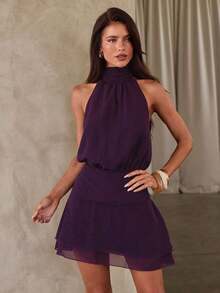 Vestido de mujer sexy y elegante con cuello halter, cintura fruncida de gasa - Morado - Ver 4
